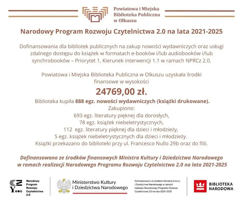 DOFINANSOWANIE DLA BIBLIOTEK W RAMACH REALIZACJI NARODOWEGO PROGRAMU ROZWOJU CZYTELNICTWA 2.0 NA LATA 2021 - 2025